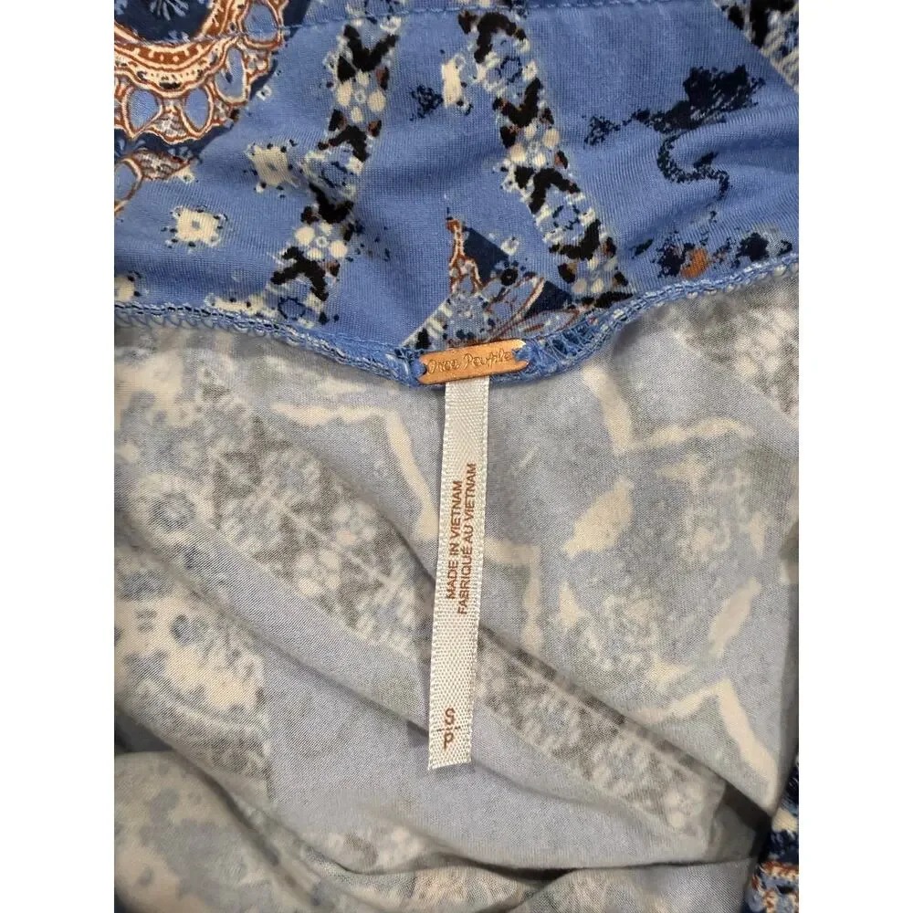 Free People Mini Skirt Womens Small Blue Geometric Print Ruched Detailed Pull On